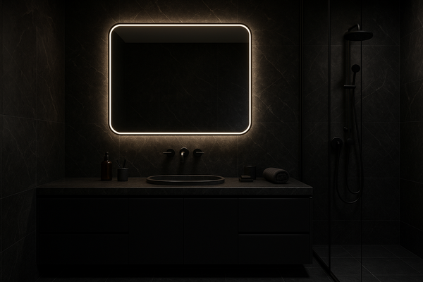 led mirror in a dark theme placed in the luxury bathroom